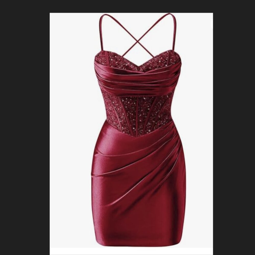 Short Satin Spaghetti Straps Sequin corset dress NWOT  size 6